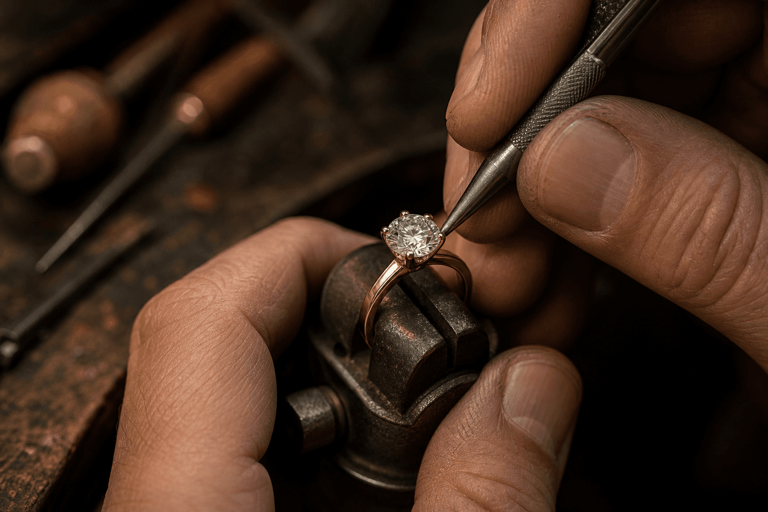 Master goldsmith setting a diamond by hand