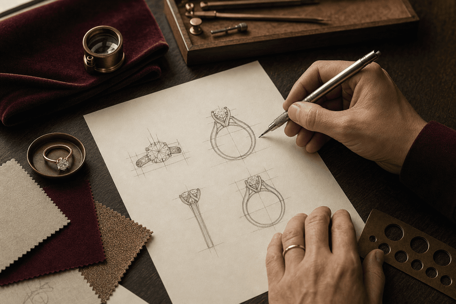 Jewelry designer inspecting a solitaire ring prototype