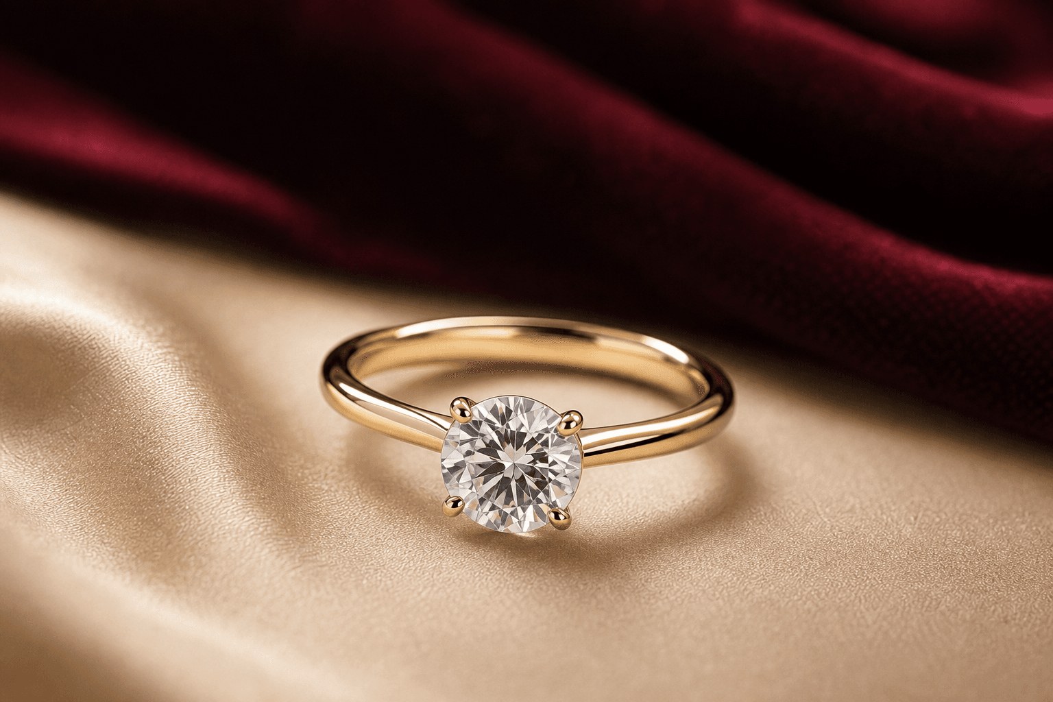 Finished yellow-gold solitaire engagement ring on champagne silk