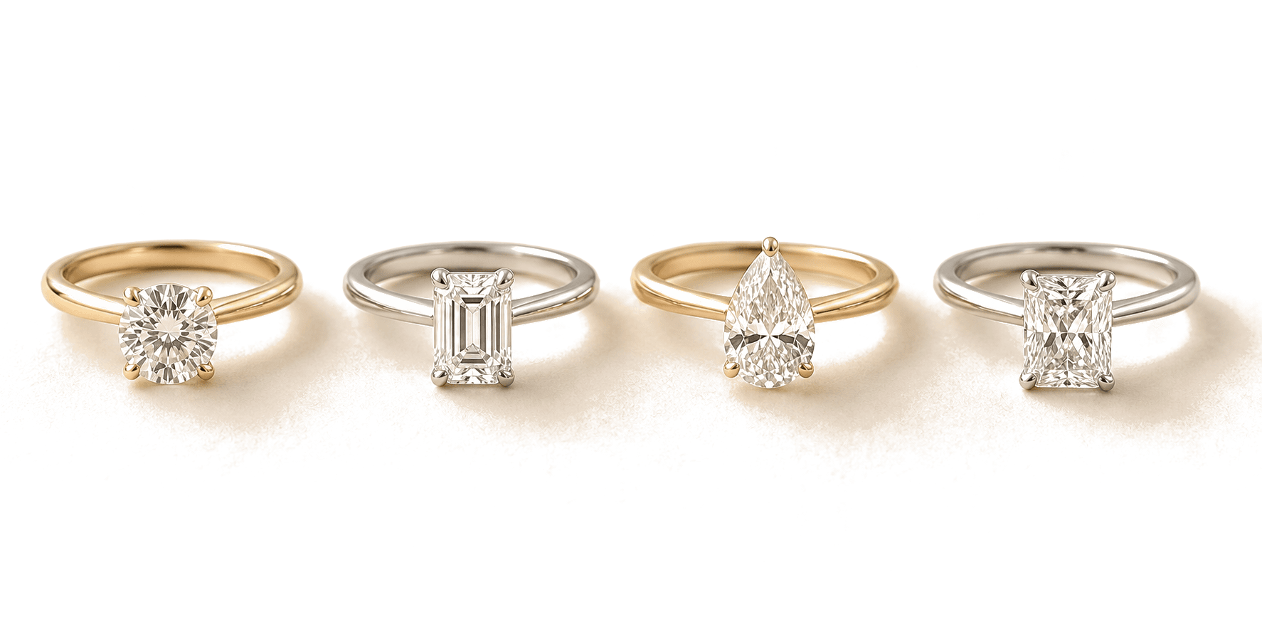 Four engagement ring settings featuring round, emerald, pear, and radiant-cut diamonds